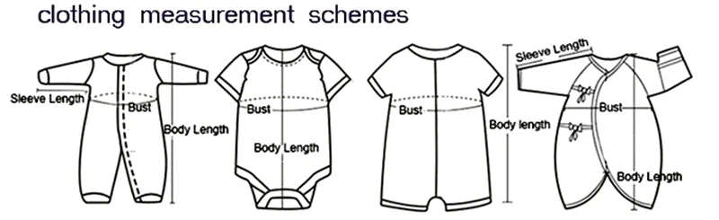 Clothing measurement guide showing sleeve length bust and body length diagrams for baby clothes