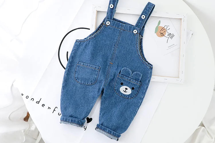 Cute Baby Clothes Set Casual T-shirt with Bib Denim Overalls for Kids featuring blue denim with bear pocket design