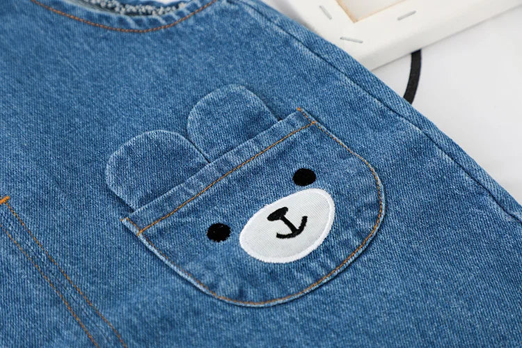 Cute Baby Clothes Set Casual T-shirt with Bib Denim Overalls for Kids featuring embroidered bear face pocket detail