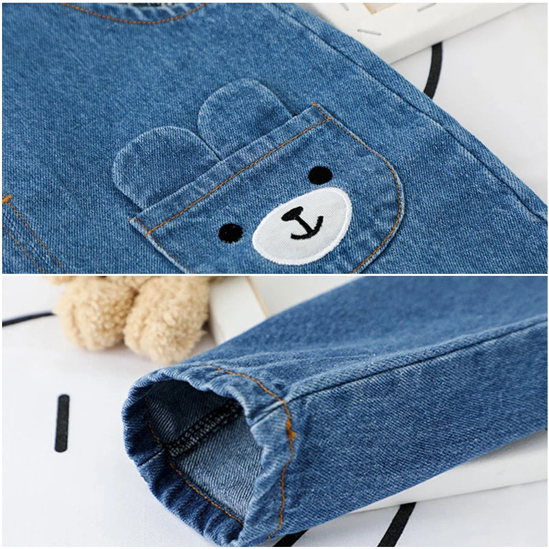 Cute Baby Clothes Set Casual T-shirt with Bib Denim Overalls for Kids showing bear pocket and denim cuff details