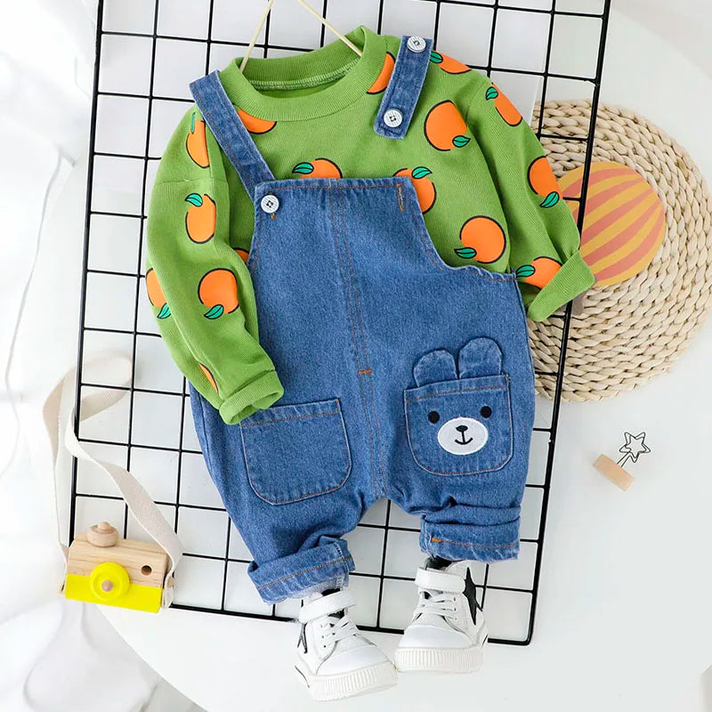 Cute Baby Clothes Set Casual T-shirt with Bib Denim Overalls for Kids featuring green shirt with orange prints and blue bear pocket overalls