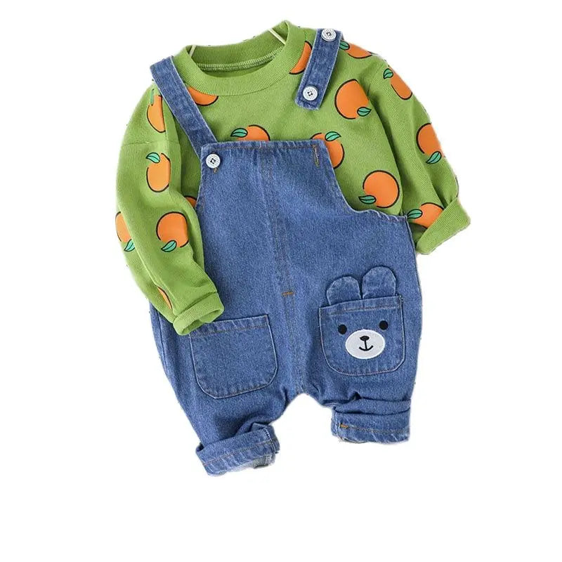 Cute Baby Clothes Set Casual T-shirt with Bib Denim Overalls for Kids featuring green shirt with orange print and bear face denim overalls