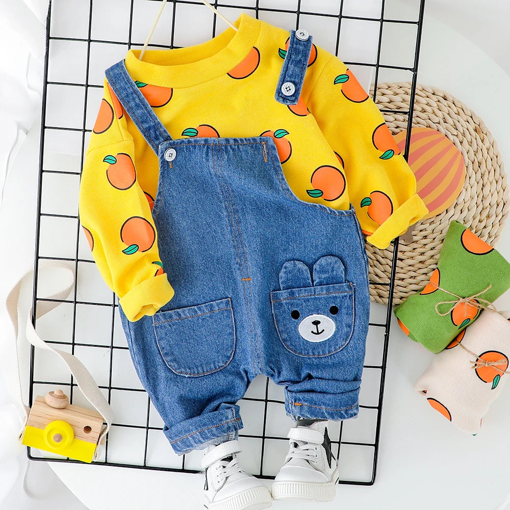 Cute Baby Clothes Set Casual T-shirt with Bib Denim Overalls for Kids featuring yellow fruit print shirt and blue overalls with bear pocket