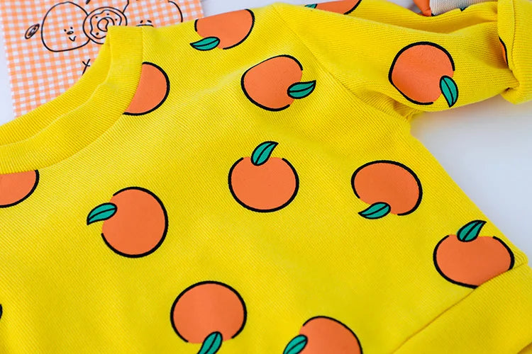 Cute Baby Clothes Set Casual T-shirt with Bib Denim Overalls for Kids yellow t-shirt with orange fruit pattern