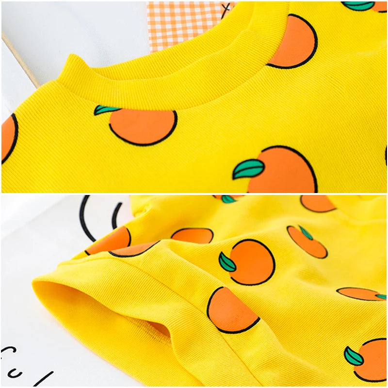 Cute Baby Clothes Set Casual T-shirt with Bib Denim Overalls for Kids yellow shirt with orange fruit print close-up