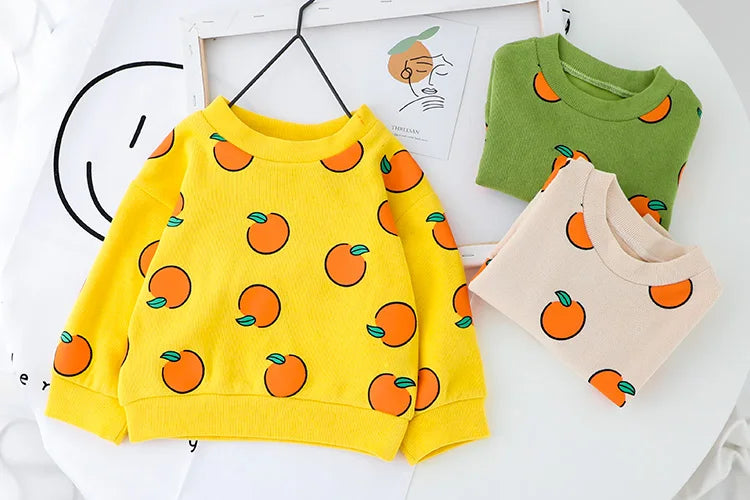 Cute Baby Clothes Set Casual T-shirt with Bib Denim Overalls for Kids featuring colorful orange print sweaters