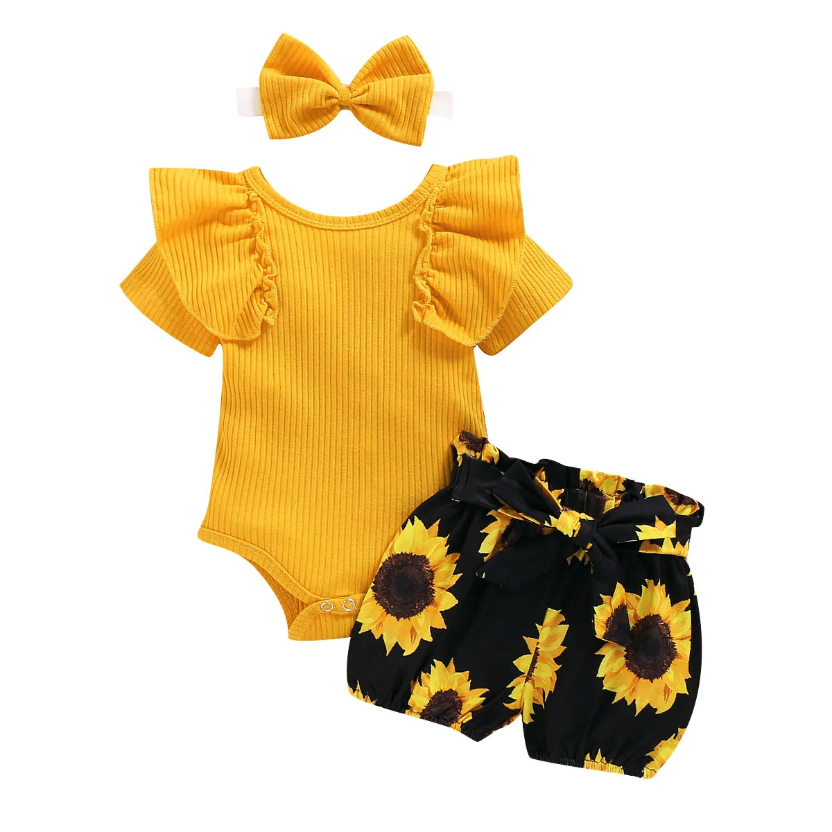 Cute Baby Girl Clothing Set Yellow Romper Top and Sunflower Printed Shorts with matching yellow headband