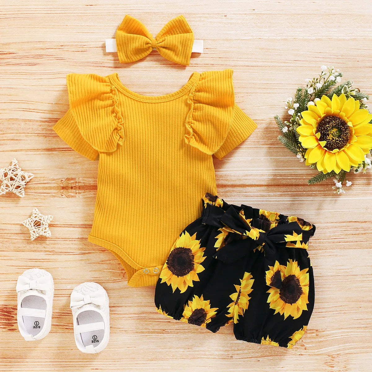 Cute Baby Girl Clothing Set Yellow Romper Top and Sunflower Printed Shorts with matching headband and white shoes
