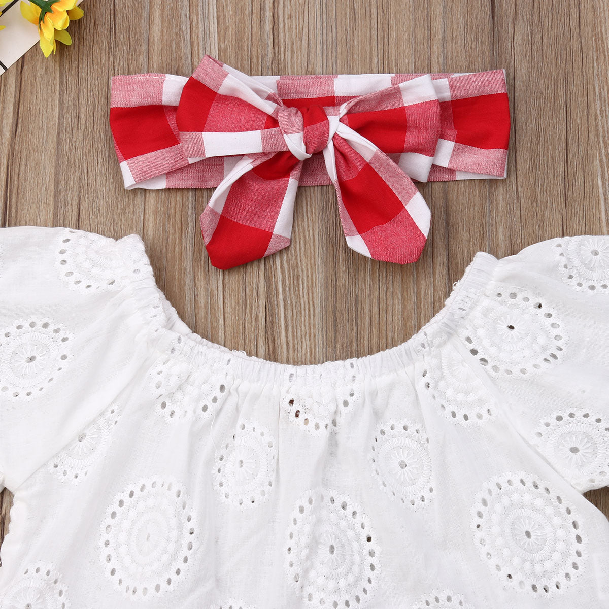 Cute Baby Girl Summer Set Off-Shoulder Lace Tops Red Plaid Dress and Headband by Yamza Tots' Closet 