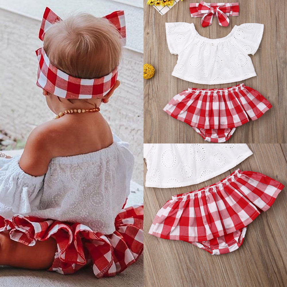 Cute Baby Girl Summer Set Off-Shoulder Lace Tops Red Plaid Dress and Headband by Yamza Tots' Closet  