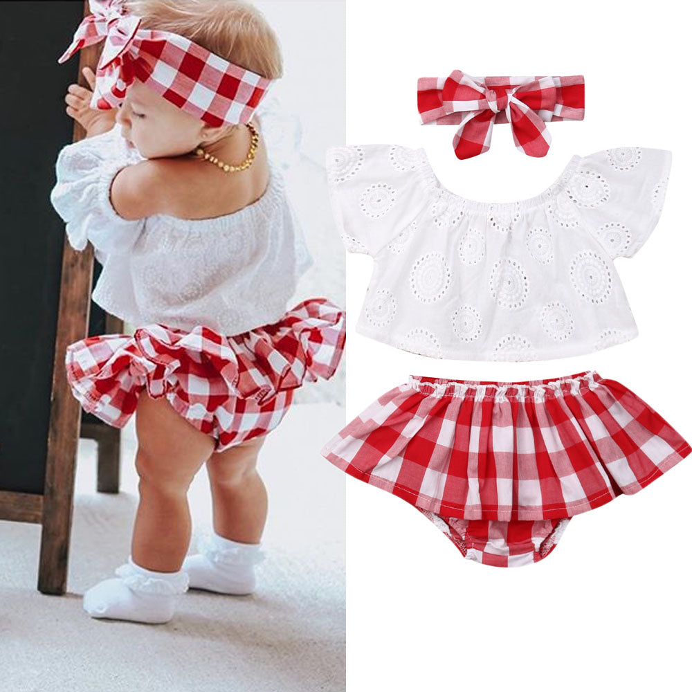 Cute Baby Girl Summer Set Off-Shoulder Lace Tops Red Plaid Dress and Headband with ruffle skirt