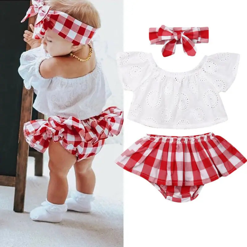 Cute Baby Girl Summer Set Off-Shoulder Lace Tops Red Plaid Dress and Headband with matching bloomers