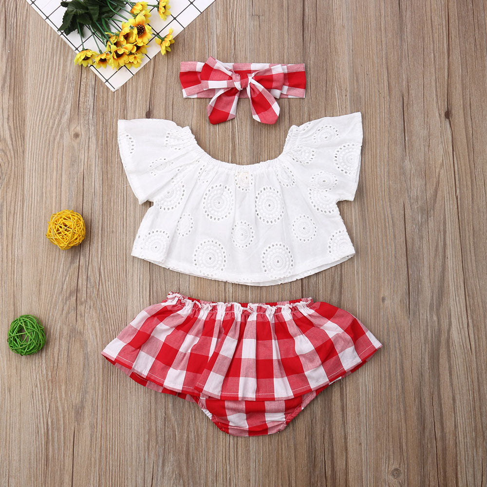 Cute Baby Girl Summer Set Off-Shoulder Lace Tops Red Plaid Dress and Headband by Yamza Tots' Closet sfg