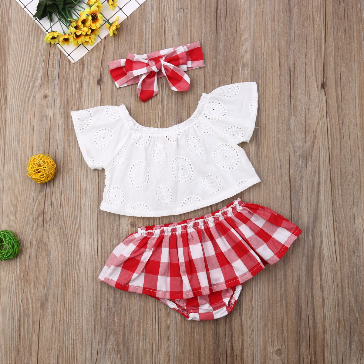 Cute Baby Girl Summer Set Off-Shoulder Lace Tops Red Plaid Dress and Headband from Yamza Tots Closet