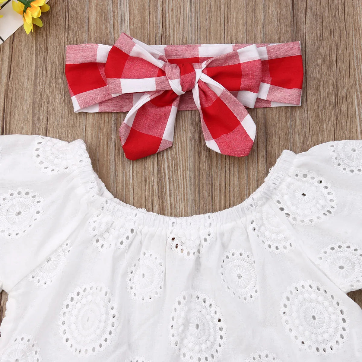 Cute Baby Girl Summer Set Off-Shoulder Lace Tops Red Plaid Dress and Headband by Yamza Tots' Closet  s