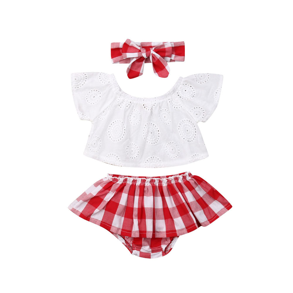 Cute Baby Girl Summer Set Off-Shoulder Lace Tops Red Plaid Dress and Headband by Yamza Tots' Closetss