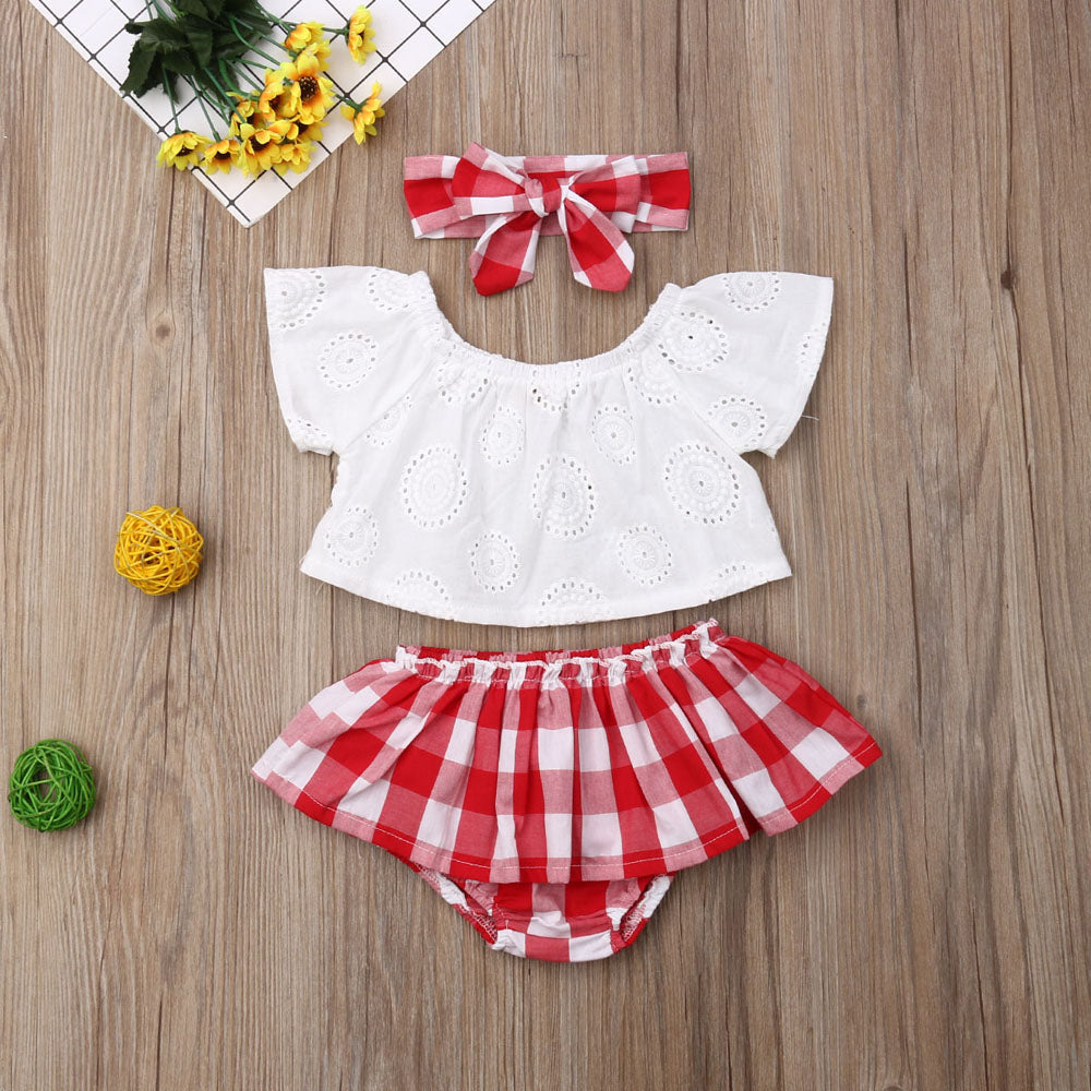 Cute Baby Girl Summer Set Off-Shoulder Lace Tops Red Plaid Dress and Headband by Yamza Tots' Closet s