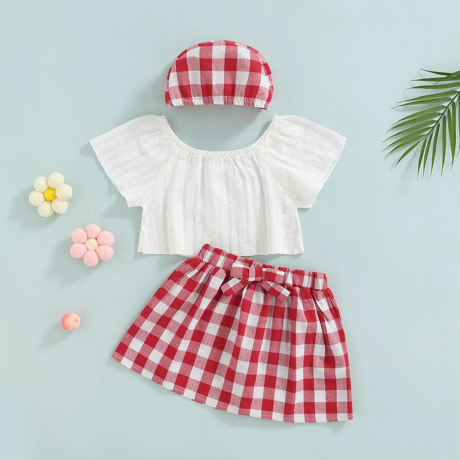 Cute Baby Girl Summer Set Off-Shoulder Lace Tops Red Plaid Dress & Headband by Yamza Tots' Closet
