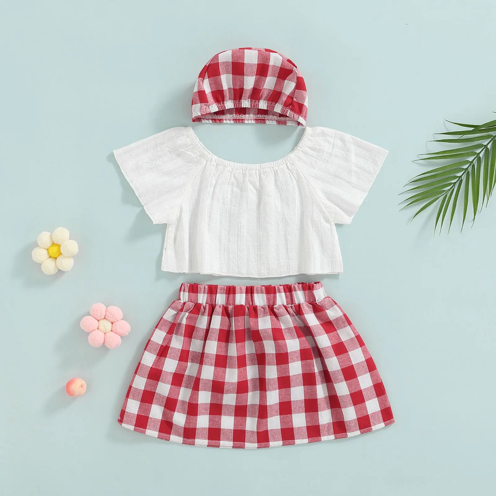 Cute Baby Girl Summer Set Off-Shoulder Lace Tops Red Plaid Dress and Headband with matching hat