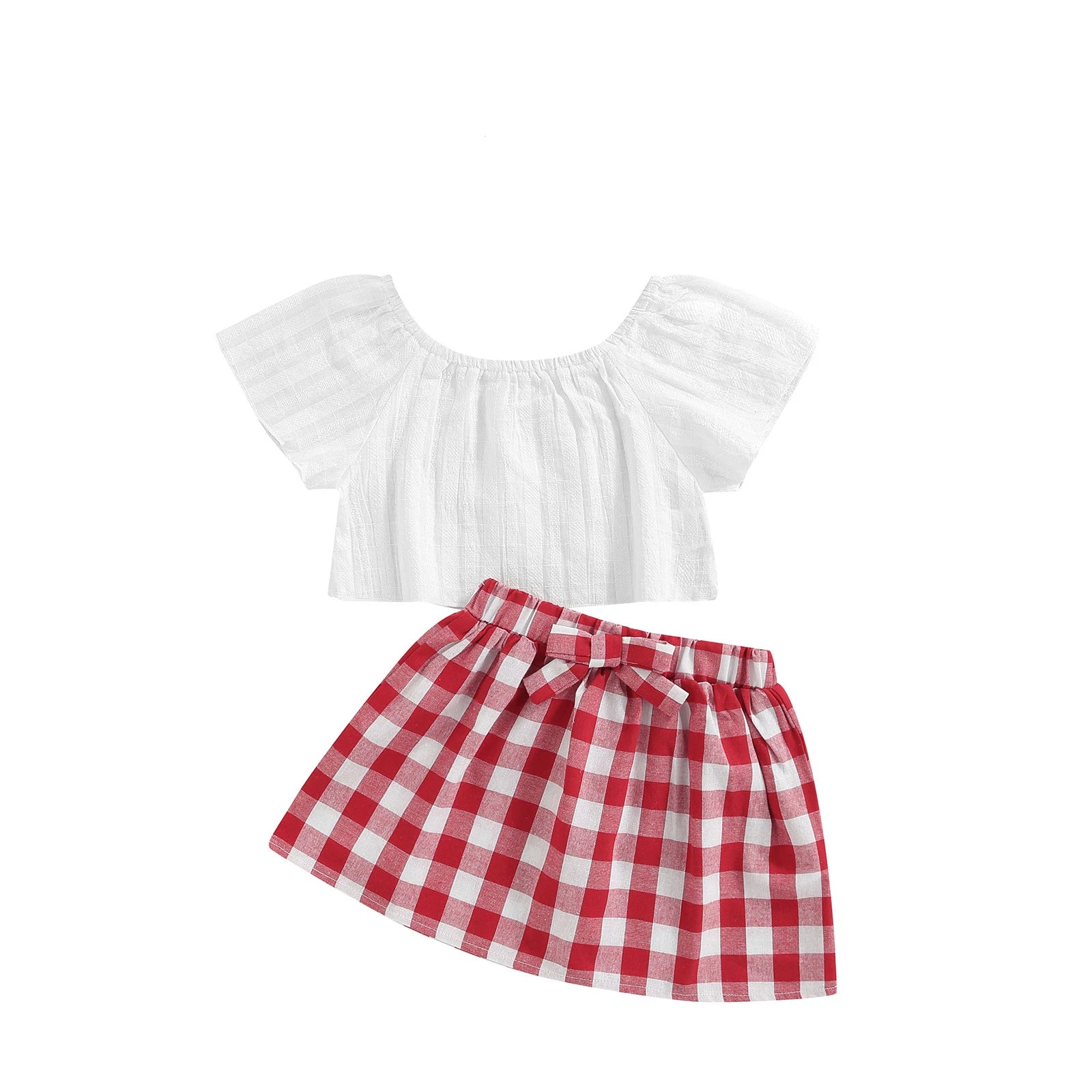 Cute Baby Girl Summer Set Off-Shoulder Lace Tops Red Plaid Dress and Headband by Yamza Tots' Closets