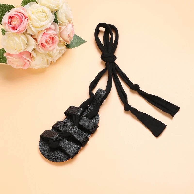 Cute Baby Girls Strap Sandals with Soft Rubber Sole Comfortable Summer Shoes in black with tie strapss