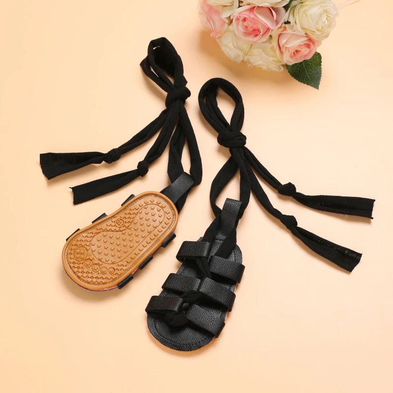 Cute Baby Girls Strap Sandals with Soft Rubber Sole Comfortable Summer Shoes in black with tie strapsss