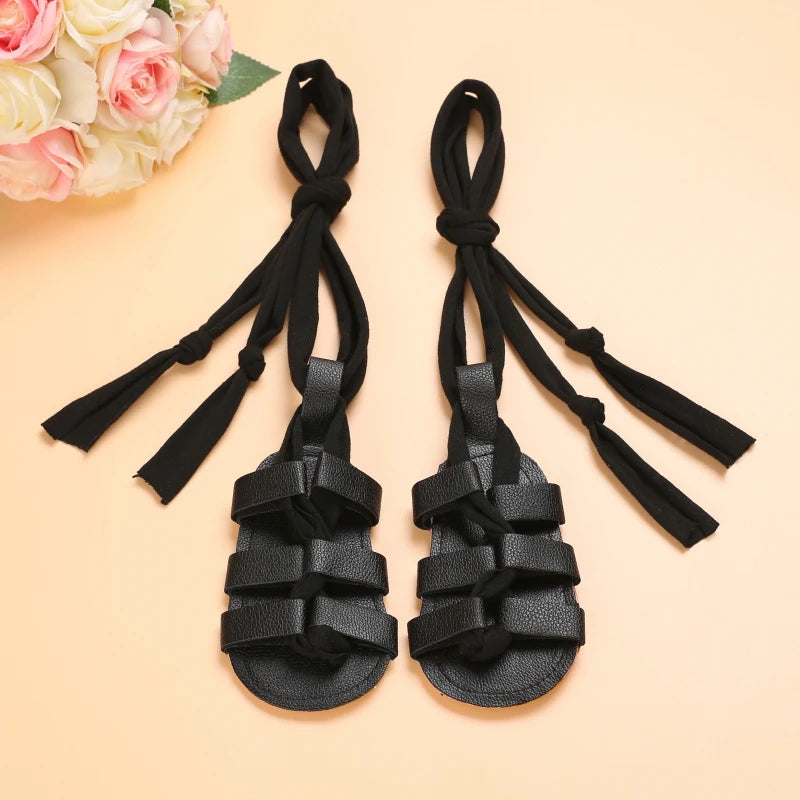 Cute Baby Girls Strap Sandals with Soft Rubber Sole Comfortable Summer Shoes in black with ankle ties