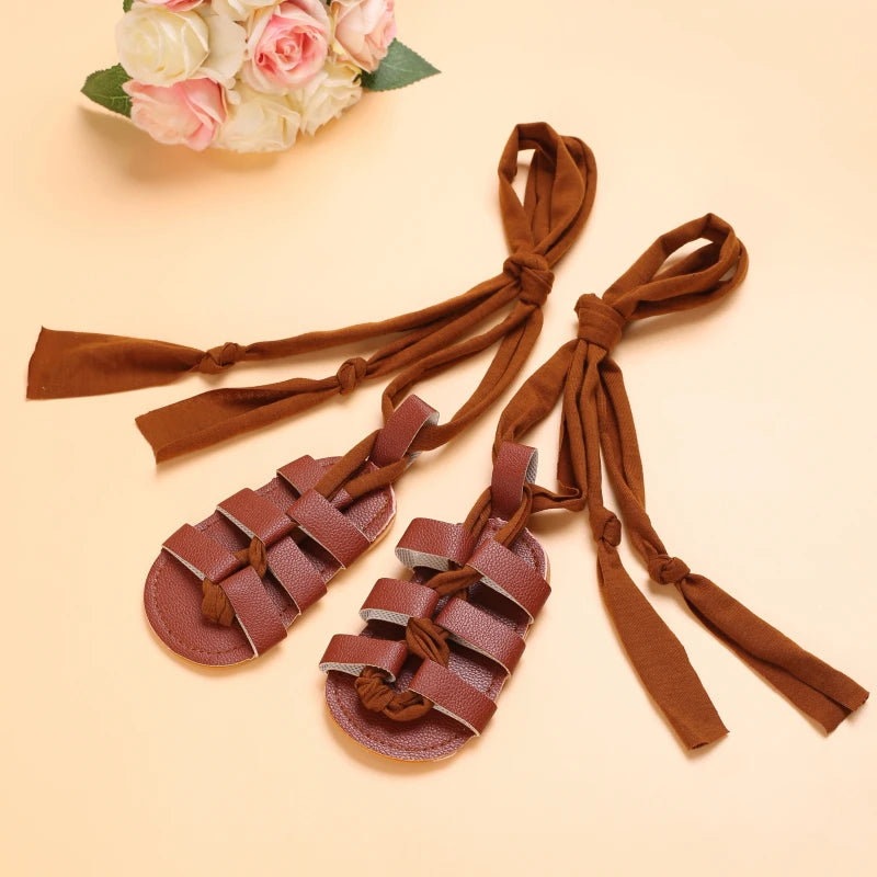 Cute Baby Girls Strap Sandals with Soft Rubber Sole Comfortable Summer Shoes in brown with long fabric straps