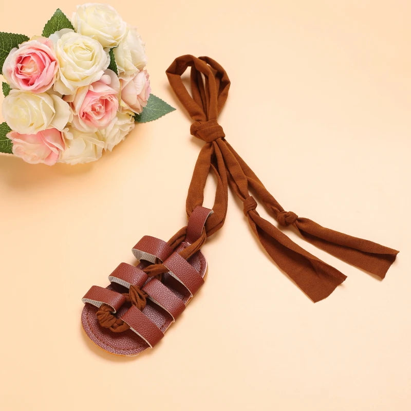Cute Baby Girls Strap Sandals with Soft Rubber Sole Comfortable Summer Shoes in brown with fabric ties