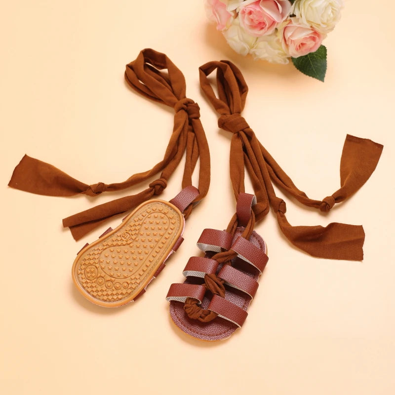 Cute Baby Girls Strap Sandals with Soft Rubber Sole Comfortable Summer Shoes in brown with tie straps
