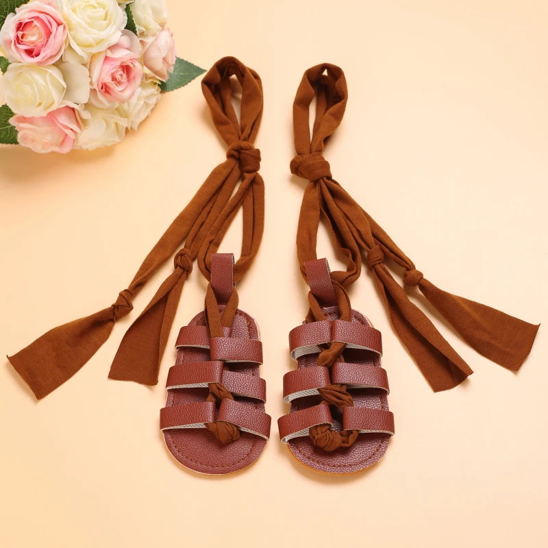 Cute Baby Girls Strap Sandals with Soft Rubber Sole Comfortable Summer Shoes in brown with fabric tiess