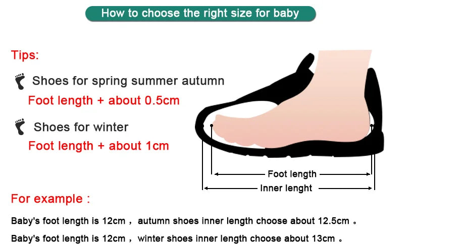 Guide showing how to choose the right size for baby shoes with foot length measurements for different seasons