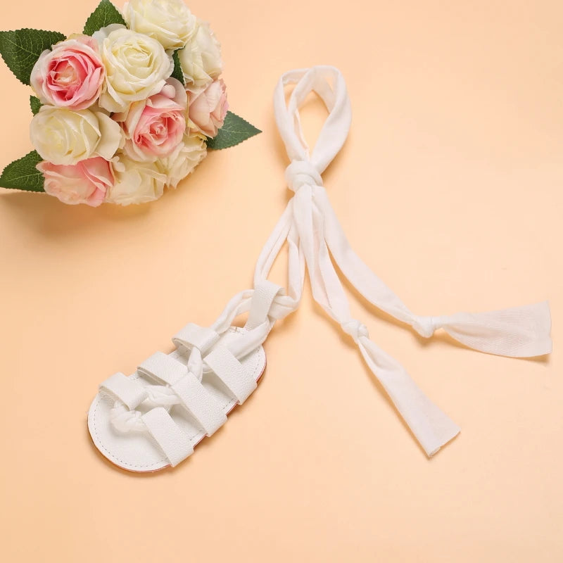 Cute Baby Girls Strap Sandals with Soft Rubber Sole Comfortable Summer Shoes in white with tie straps ss