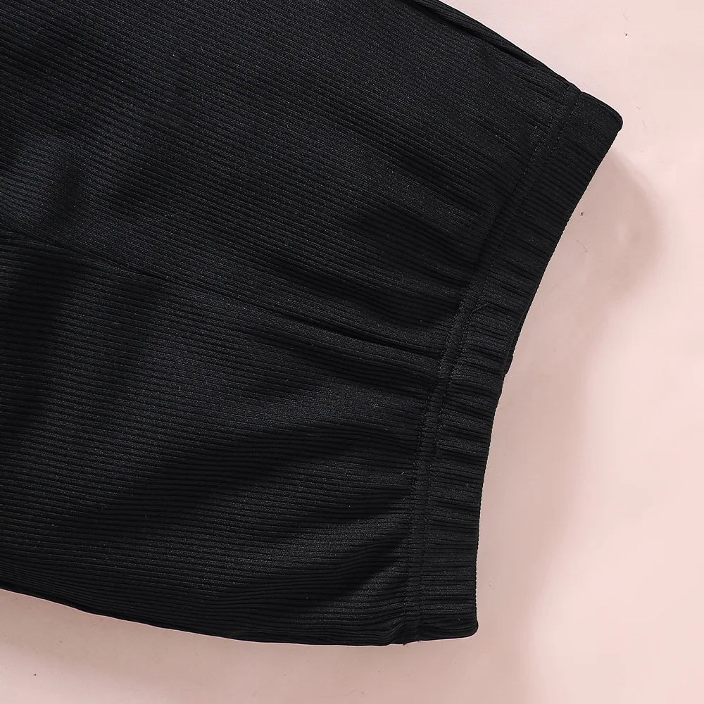Close-up of black ribbed fabric from Cute Toddler Girls Summer Top and Bottom Clothes Set Casual Kids Outfit