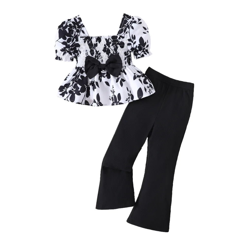 Cute Toddler Girls Summer Top and Bottom Clothes Set Casual Kids Outfit with black floral top and black pantss
