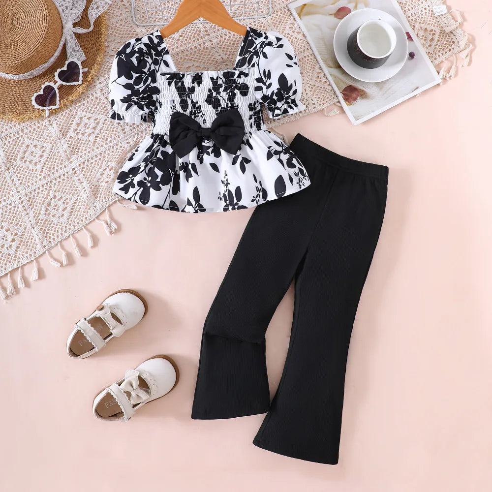 Cute Toddler Girls Summer Top and Bottom Clothes Set Casual Kids Outfit with black floral top and black pants