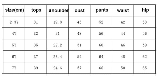 Size chart for Cute Toddler Girls Summer Top and Bottom Clothes Set Casual Kids Outfit showing measurements in centimeters
