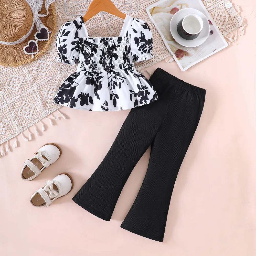 Cute Toddler Girls Summer Top and Bottom Clothes Set Casual Kids Outfit with black pants and floral top