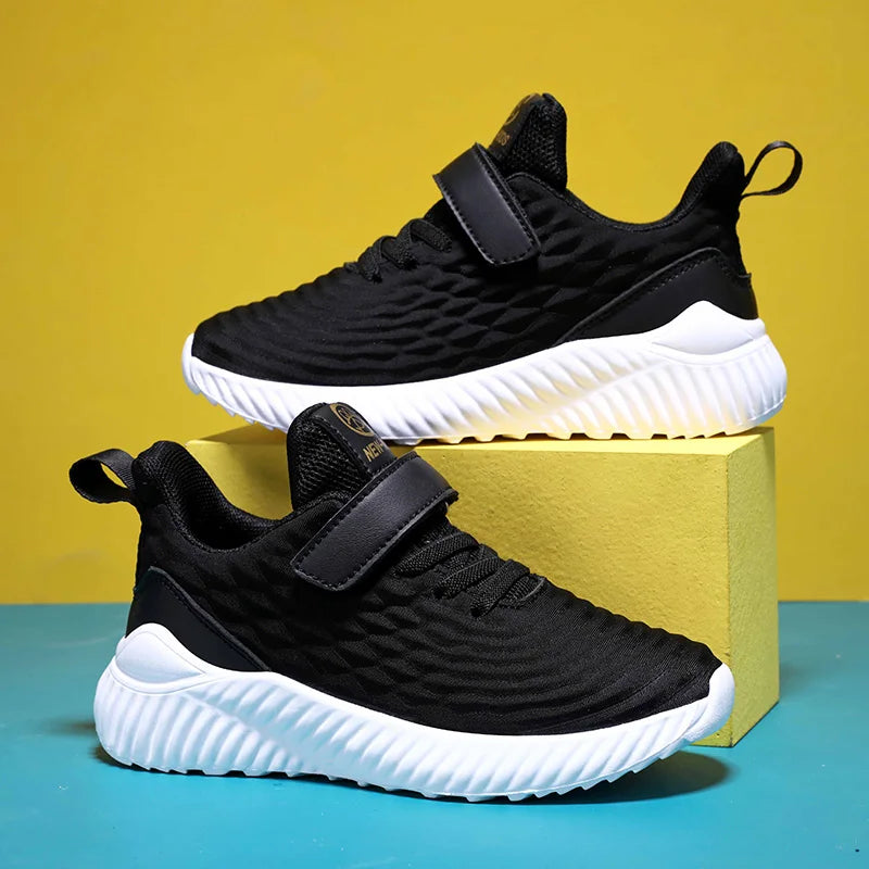 Designer Kids Girls Sneakers Lightweight Casual Sports Shoes in black with white sole and Velcro strap