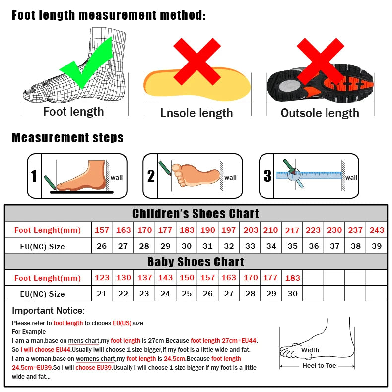 Foot length measurement guide for choosing accurate shoe size for Designer Kids Girls Sneakers Lightweight Casual Sports Shoes by Yamza Tots Closet