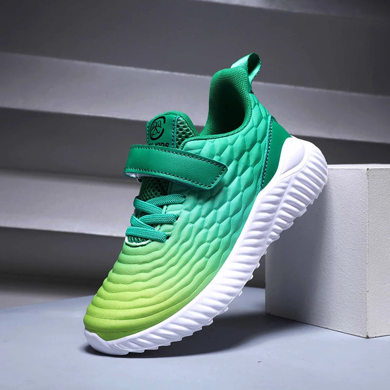 Designer Kids Girls Sneakers Lightweight Casual Sports Shoes in green with white sole and velcro strap