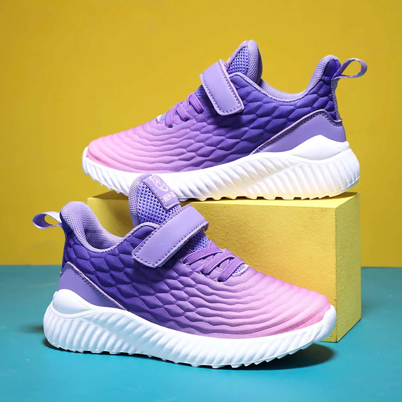 Designer Kids Girls Sneakers lightweight casual sports shoes in purple and pink with textured upper and white sole