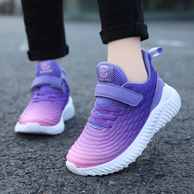 Designer Kids Girls Sneakers Lightweight Casual Sports Shoes in purple and pink gradient with white soles 