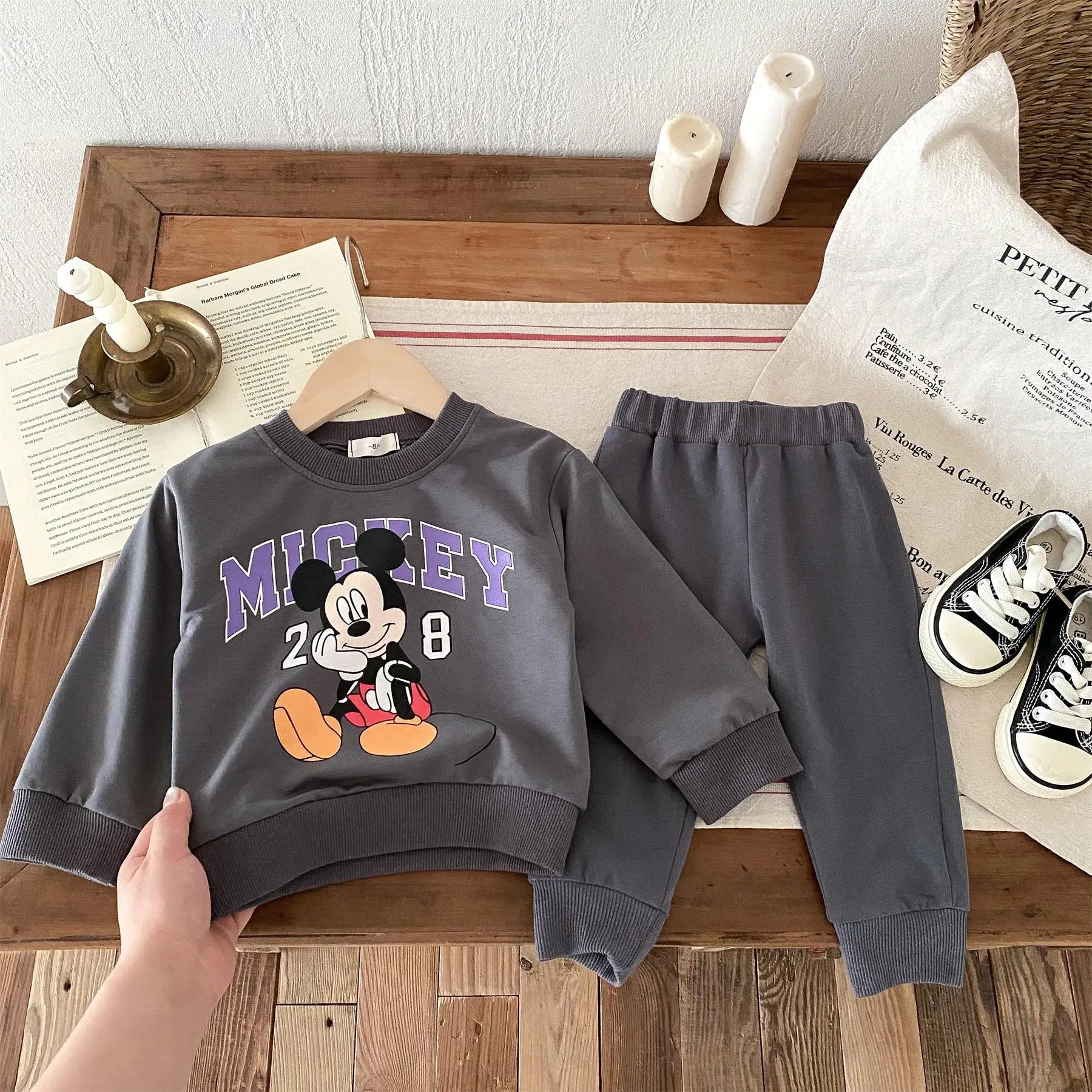 Yamza Tots' Closet Disney Cartoon Tracksuit featuring Mickey Mouse graphic sweatshirt and matching pants in dark gray
