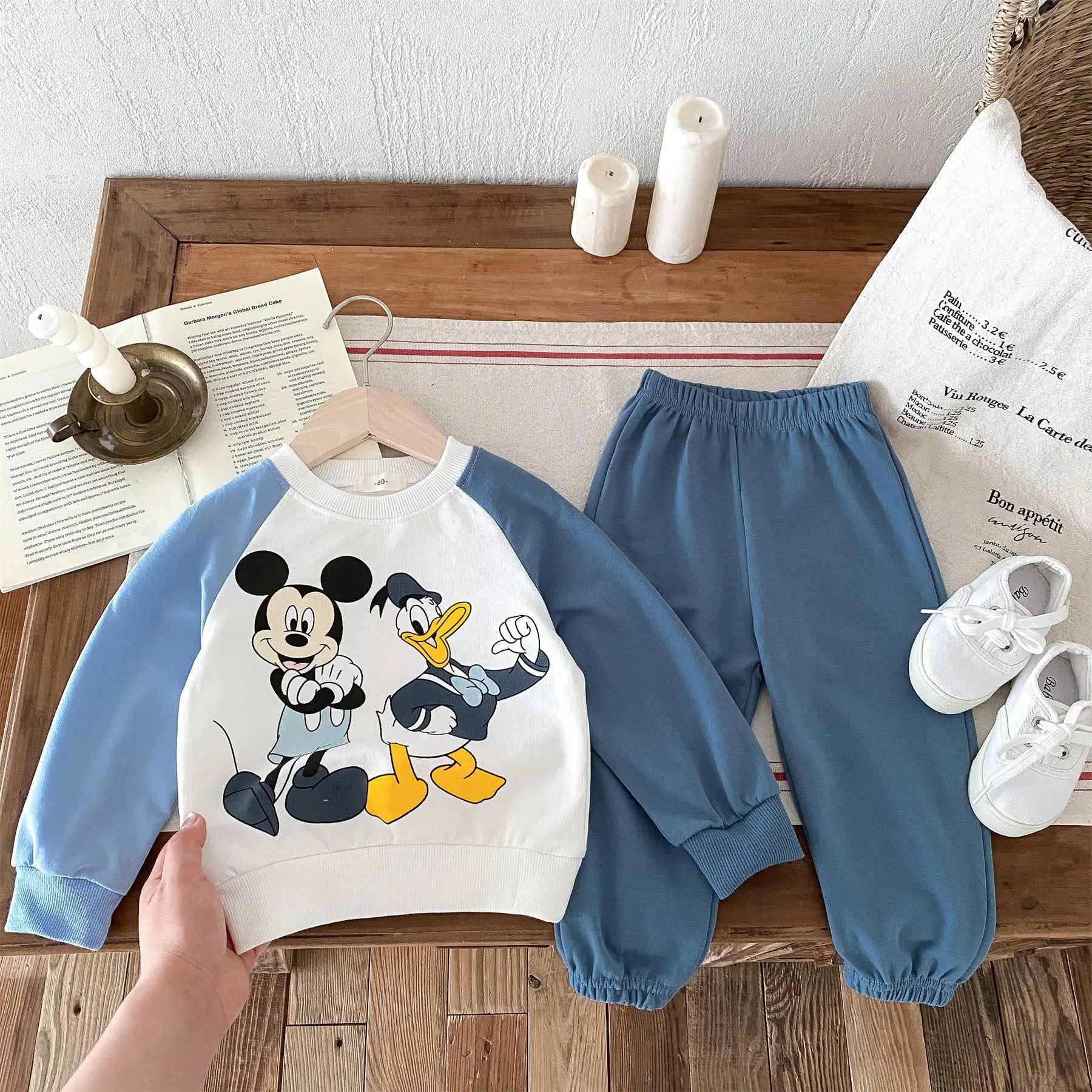 Disney Cartoon Tracksuit featuring Mickey Mouse and Donald Duck with blue pants and white sneakers