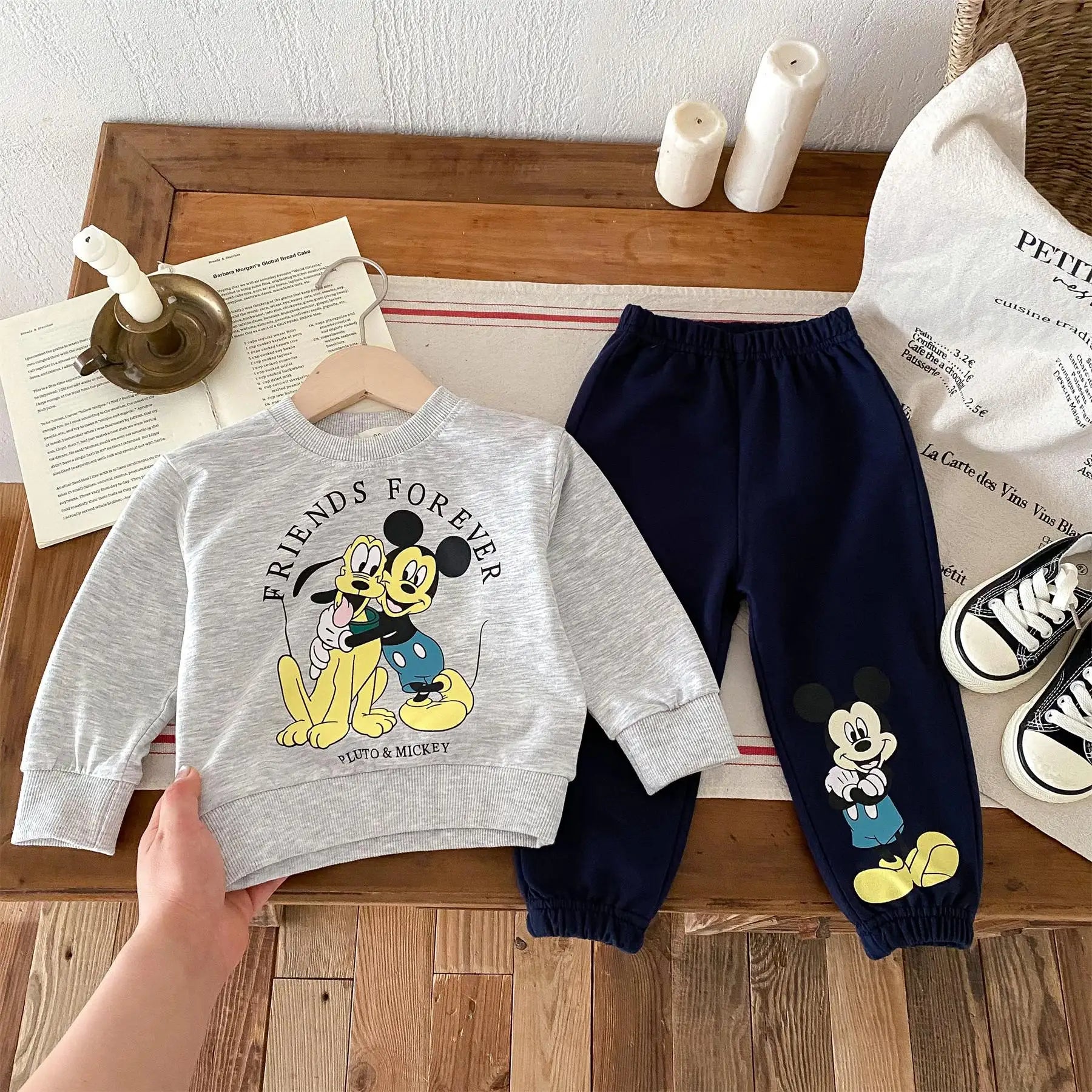 Disney Cartoon Tracksuit featuring gray Friends Forever sweatshirt with Pluto and Mickey and navy pants with Mickey print