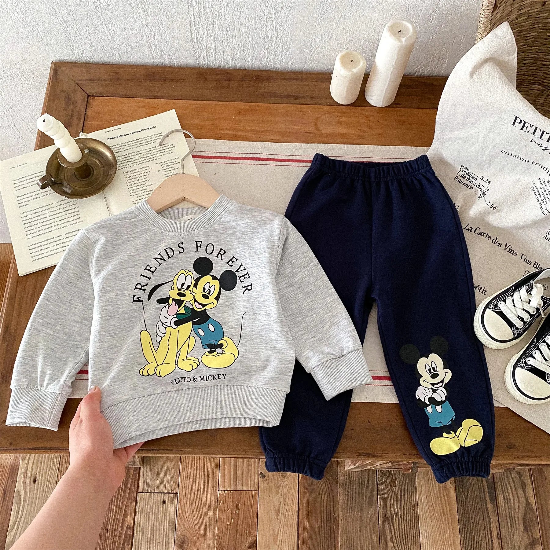 Yamza Tots' Closet Disney Cartoon Tracksuit with gray Friends Forever Mickey and Pluto sweatshirt and navy pants