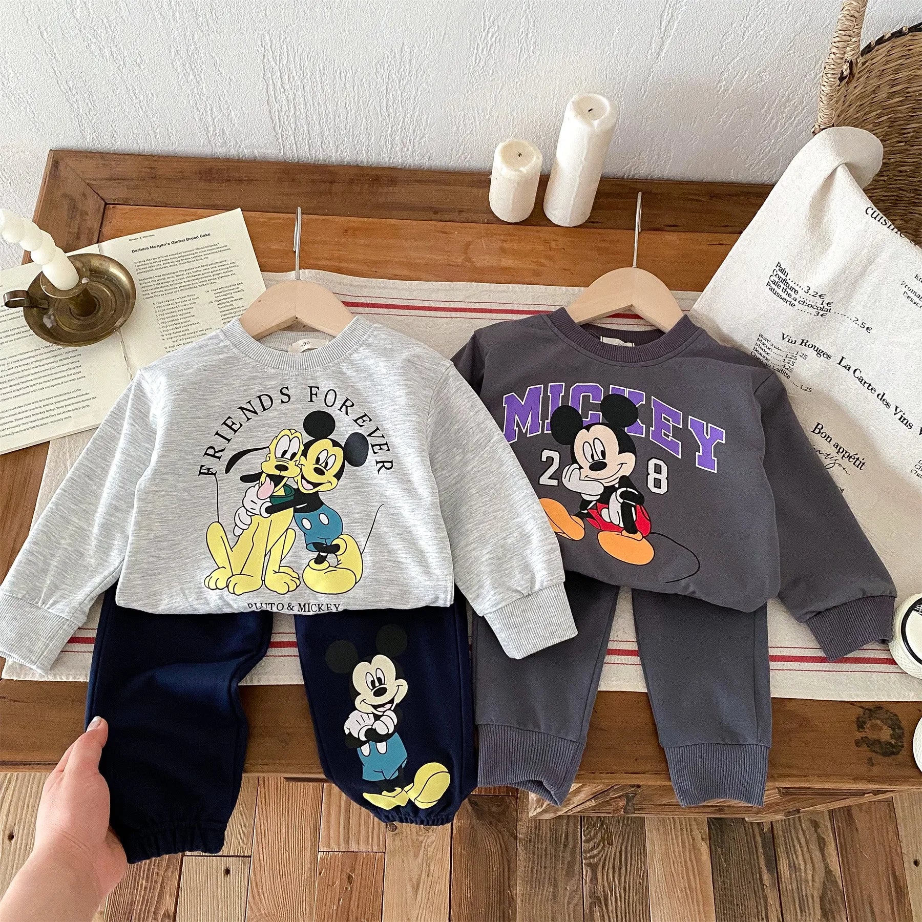 Disney Cartoon Tracksuit featuring Mickey and Pluto designs in gray and navy for toddlers by Yamza Tots Closet