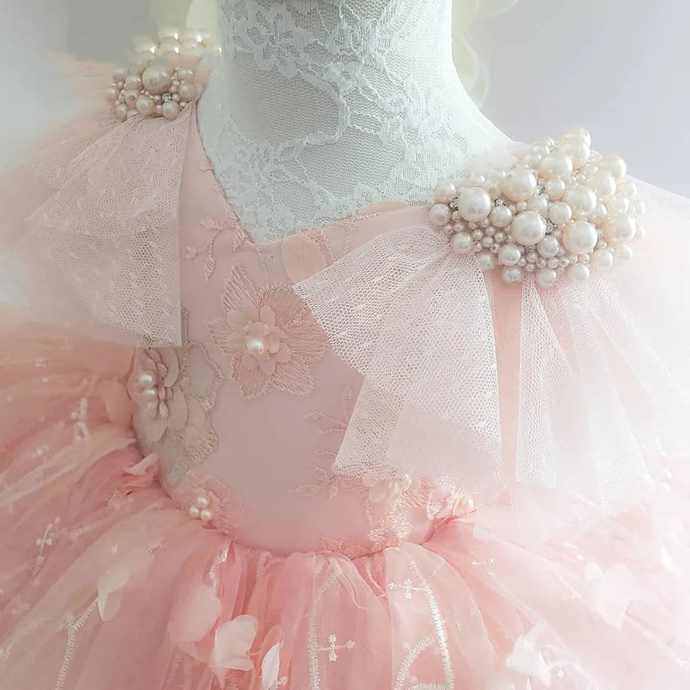 Yamza Tots' Closet Elegant Girl Dress Pink with pearl embellishments and floral lace details