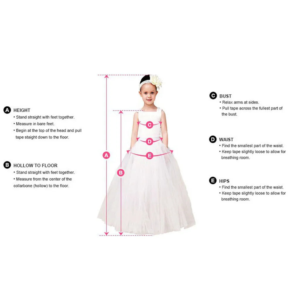 Elegant Girl Dress Pink worn by young girl with headband showing measurement guide for bust waist and hips